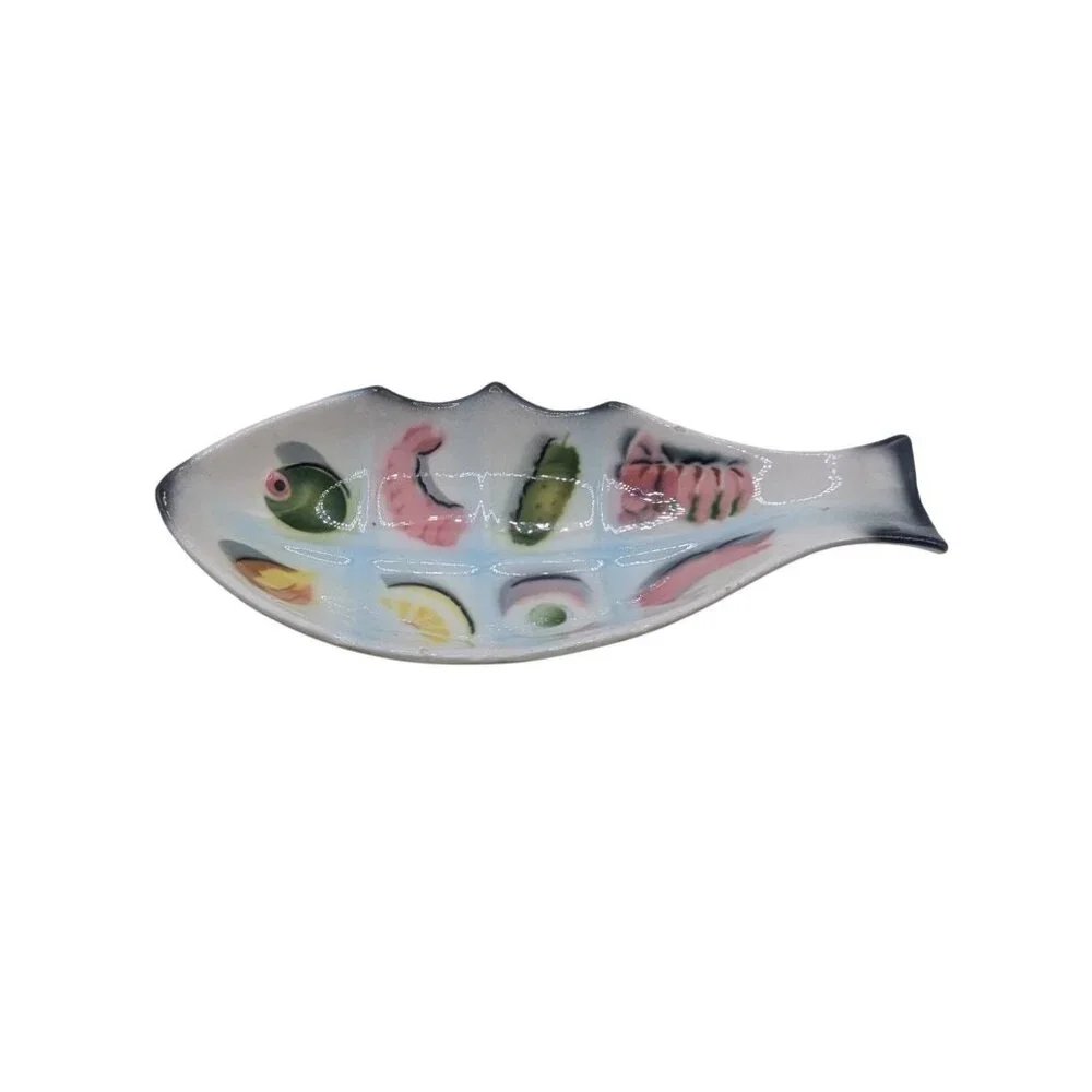 Hand-Painted Ceramic Fish-Shaped Divided Serving Dish With Vibrant Food Motifs